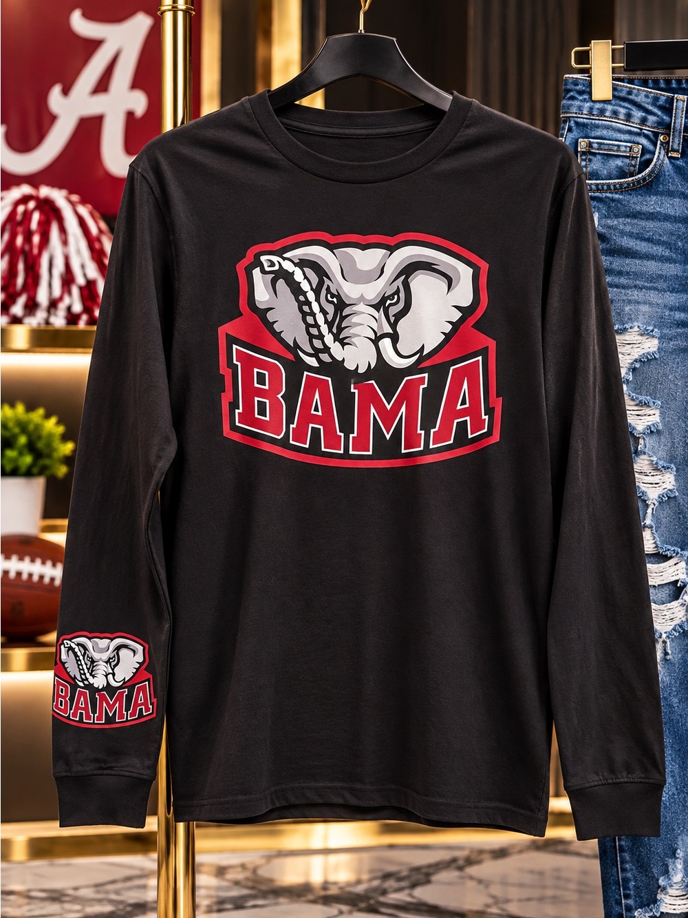 Alabama Crimson Tide Black Long-Sleeve Graphic Tee - Elephant Logo